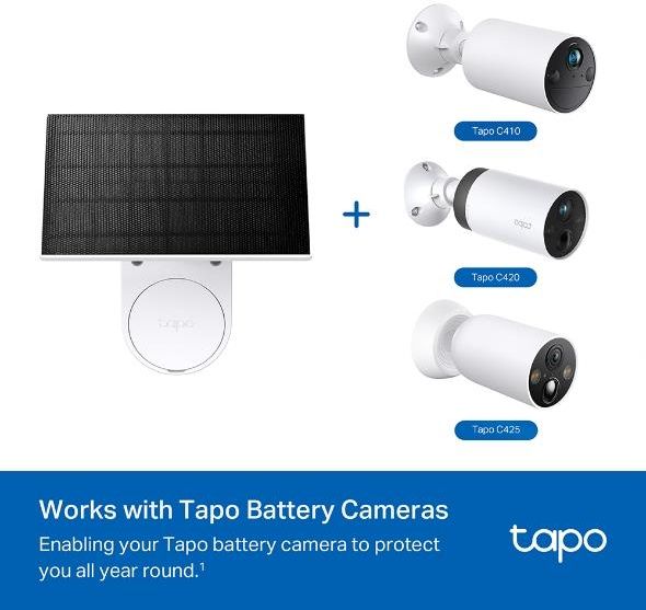 Saules panelis Tapo A201 bateriju kamerām, 2.5W, IP65, USB-C, 173×120×15.7 mm, balts