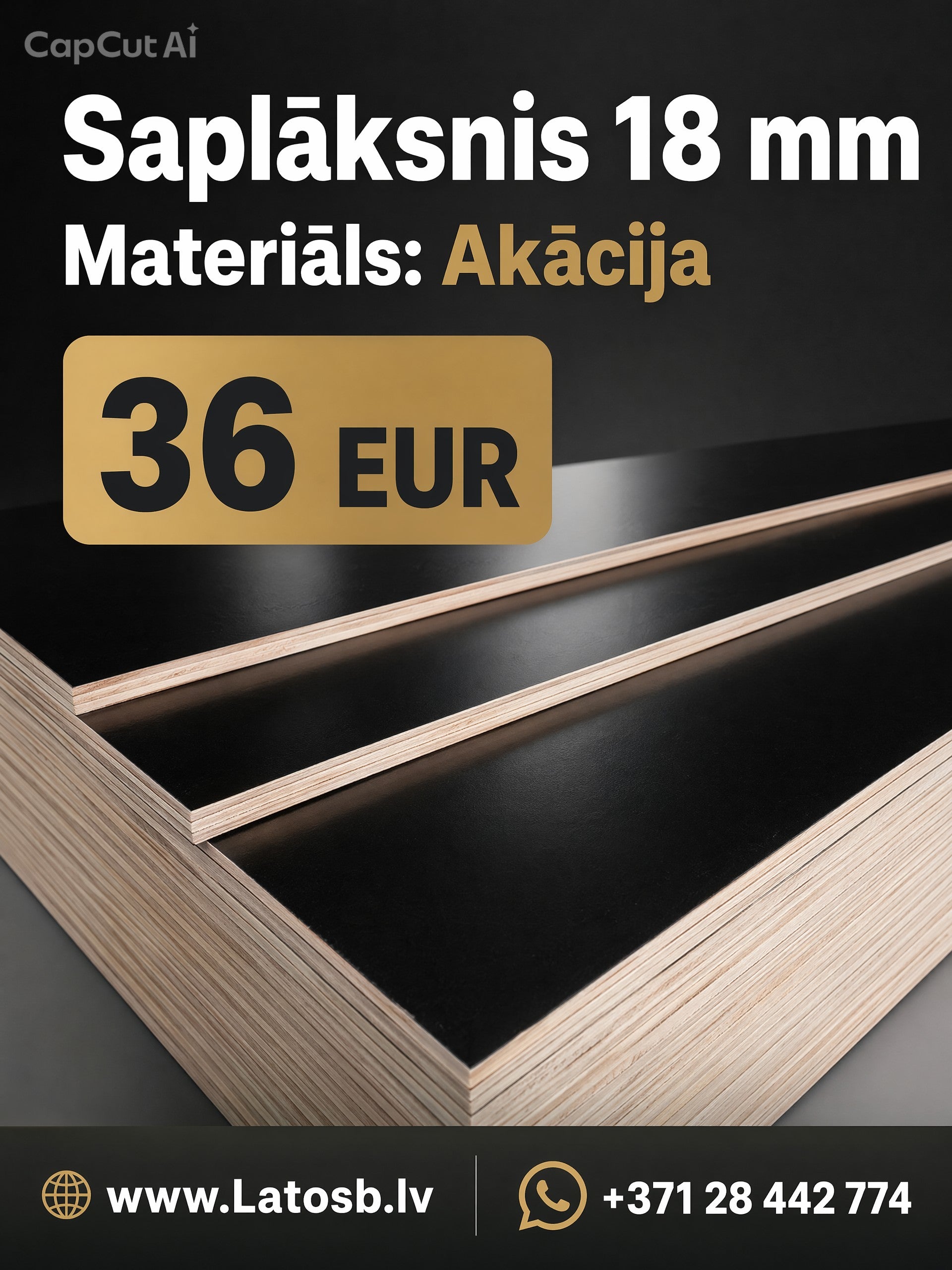 Laminēts akācijas finieris 18 mm biezums, melns virsmas pārklājums, mēbeļu un būvniecības materiāls, izmērs 1,25x2,5 m