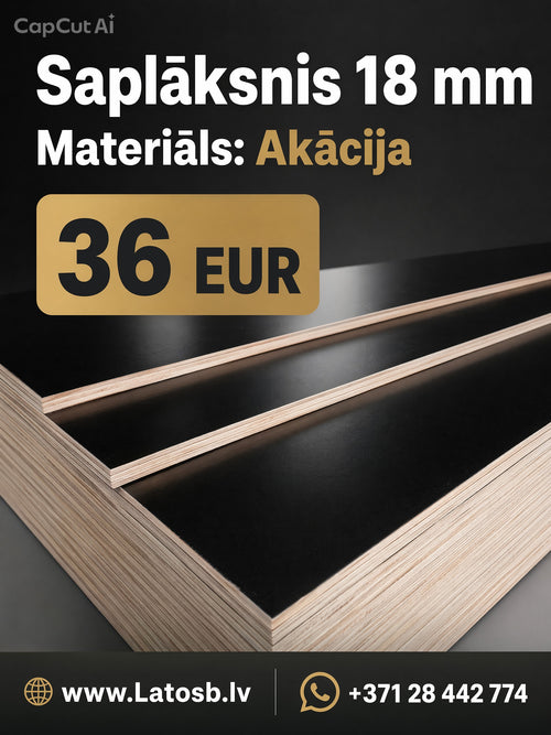 Laminēts akācijas finieris 18 mm biezums, melns virsmas pārklājums, mēbeļu un būvniecības materiāls, izmērs 1,25x2,5 m